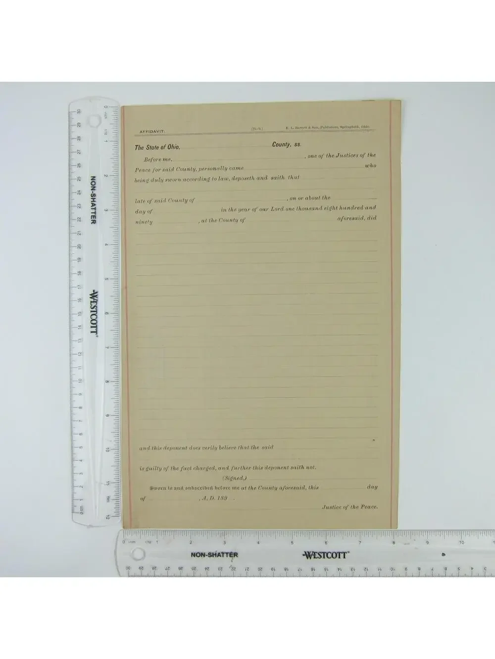 1890s Ohio Affidavit For State Warrant Record Form Blank Justice Antique RARE